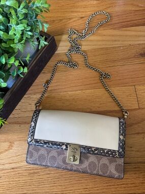 Coach Cream, Brown and Black Signature Chain Crossbody Bag